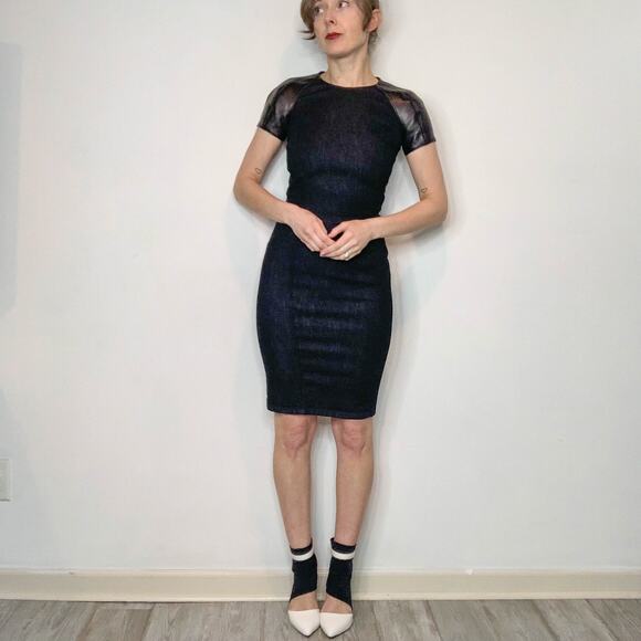 RALPH LAUREN BLACK LABEL denim bodycon mini dress lamb leather sleeve 2842 - Picture 5 of 13